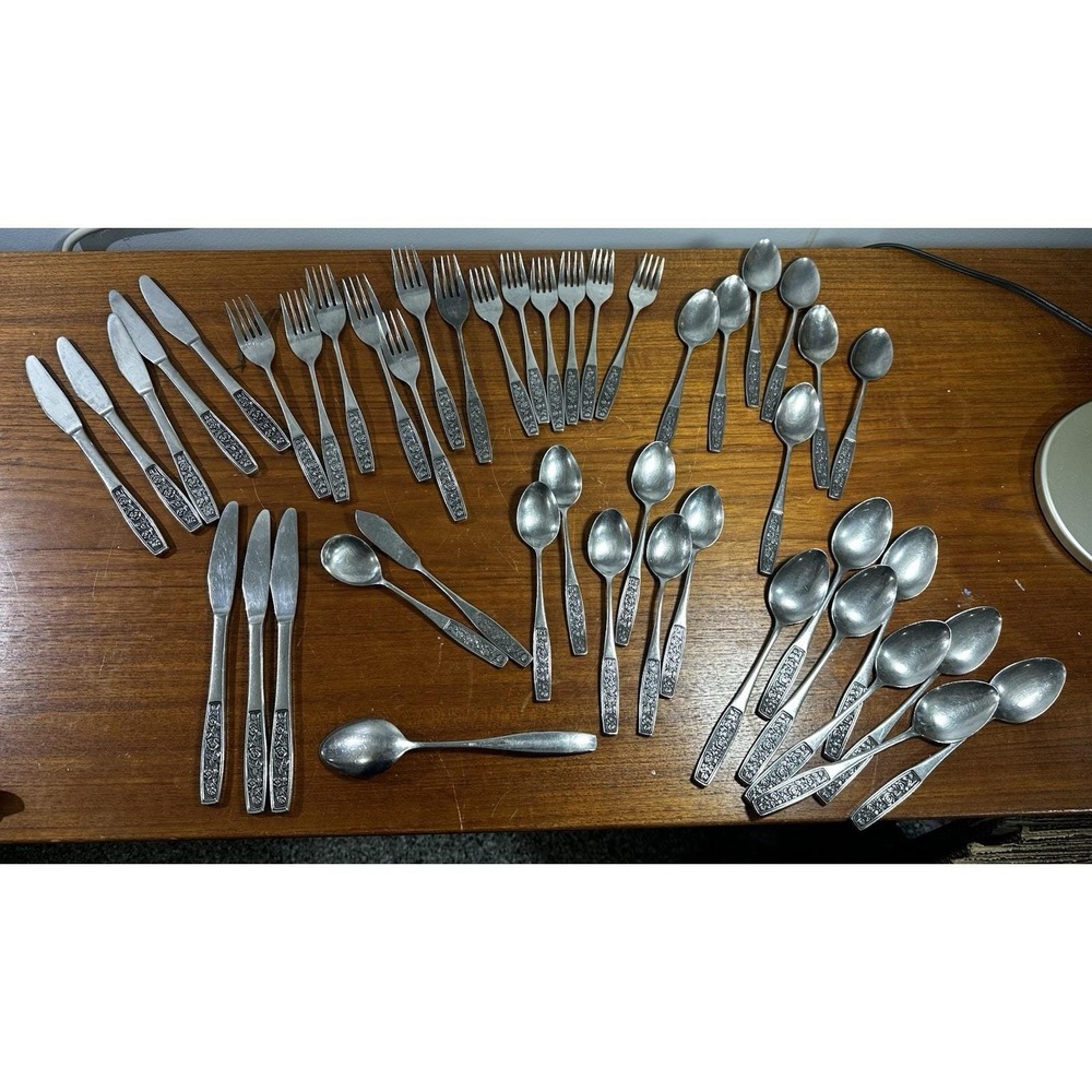 Vintage Interpur Mexicaly Rose Stainless Flatware Japan 45 Pc MCM Set
